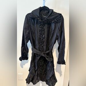 Samuel Dong black ruffled trench coat with a belted waist